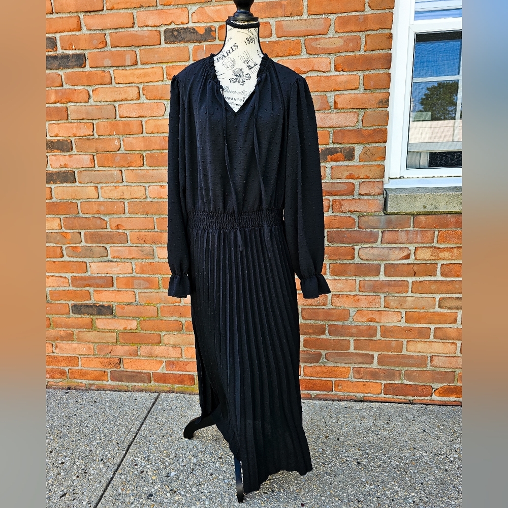Pretty Garden Black Micro Pleated Long Sleeve Maxi Dress | Size 2XL (1XL Fit)